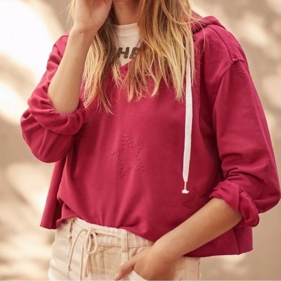 Anthropologie Tops - ANTHROPOLOGIE Saturday Sunday Crop Star Embroidered Hoodie‎ Raspberry Pink SZ XS